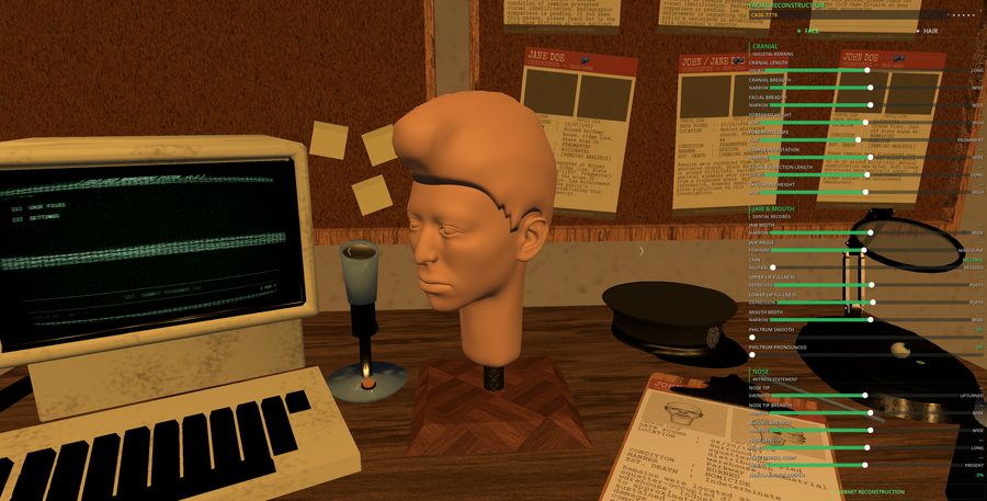 The reconstruction desk, mid session, sculpting a face from evidence