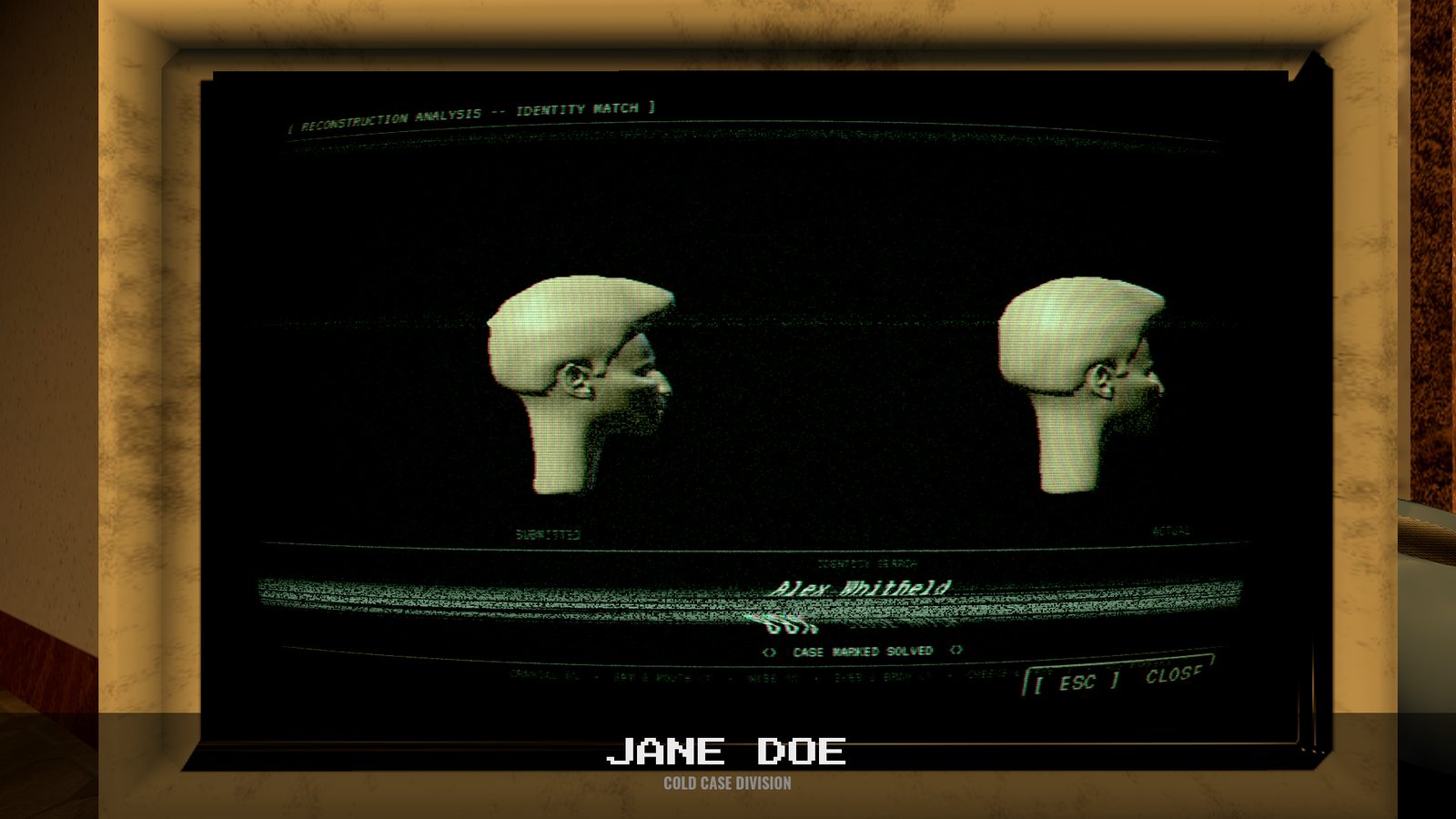 Jane Doe reconstruction terminal showing a submitted skull compared against the true identity. Case marked solved.